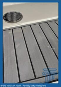 EVA foam flooring with stains, on a brand new boat on the showroom floor